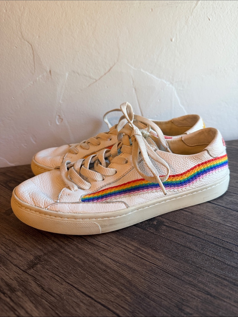 Soludos White Leather Sneakers with Rainbow Stripe